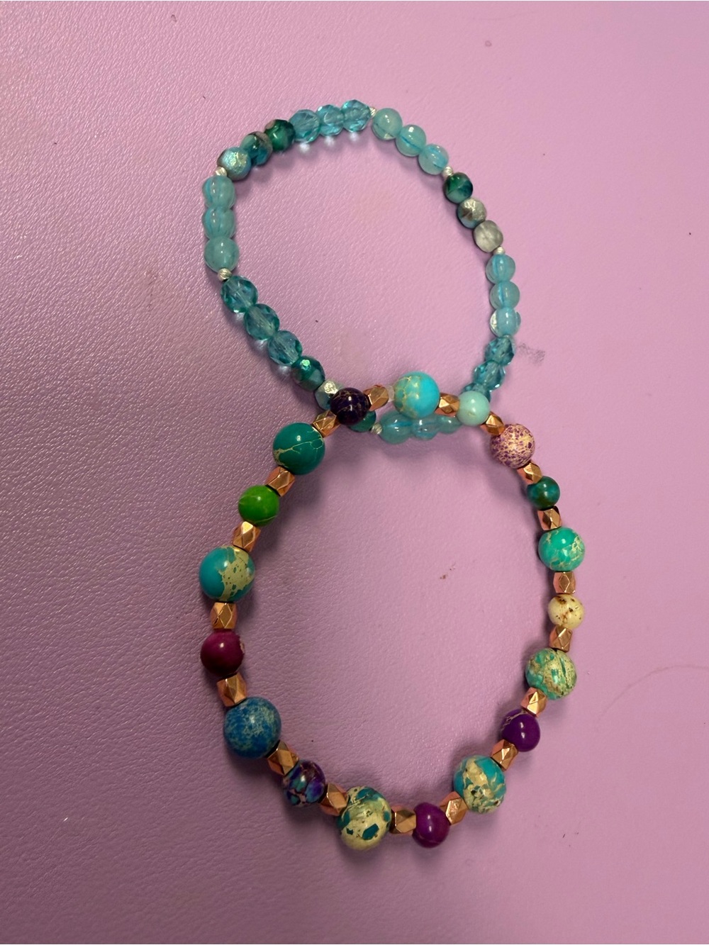 Hand Crafted Turquoise, Teal & Purple Beaded Stretch Bracelets
